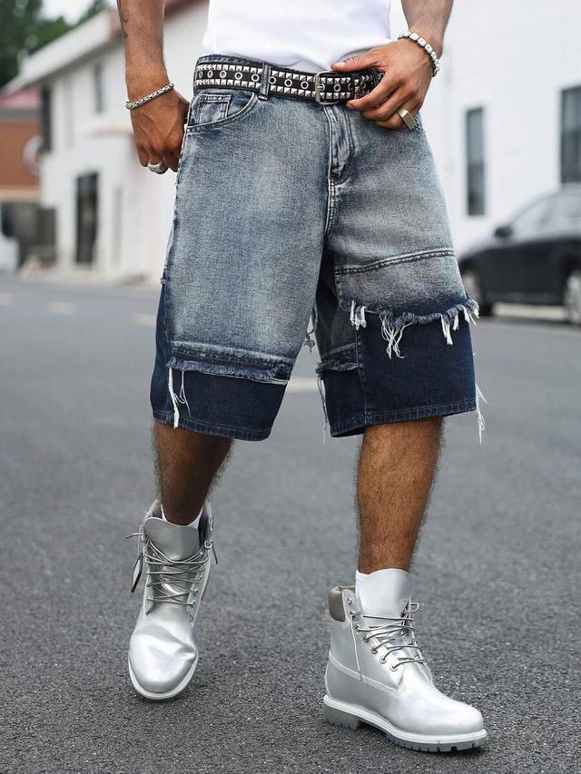 washed yin yang colorblock frayed denim shorts