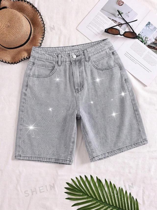 rhinestone embellished washed denim straight leg shorts