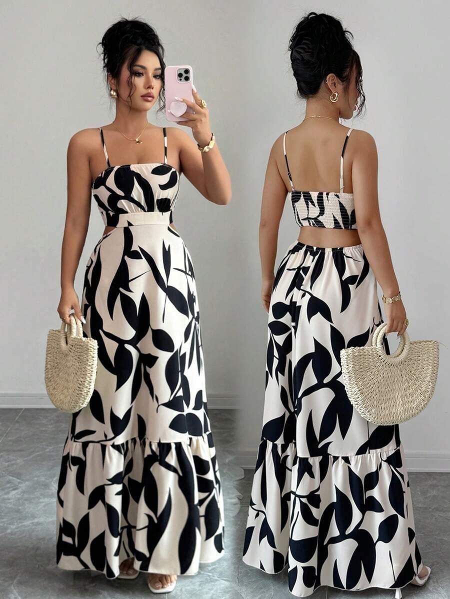 black and white leaf print cutout maxi dress