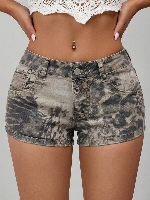 flirla leopard print botanical pattern low-waist denim shorts