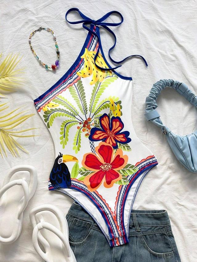 tropical print one shoulder tie front bodysuit