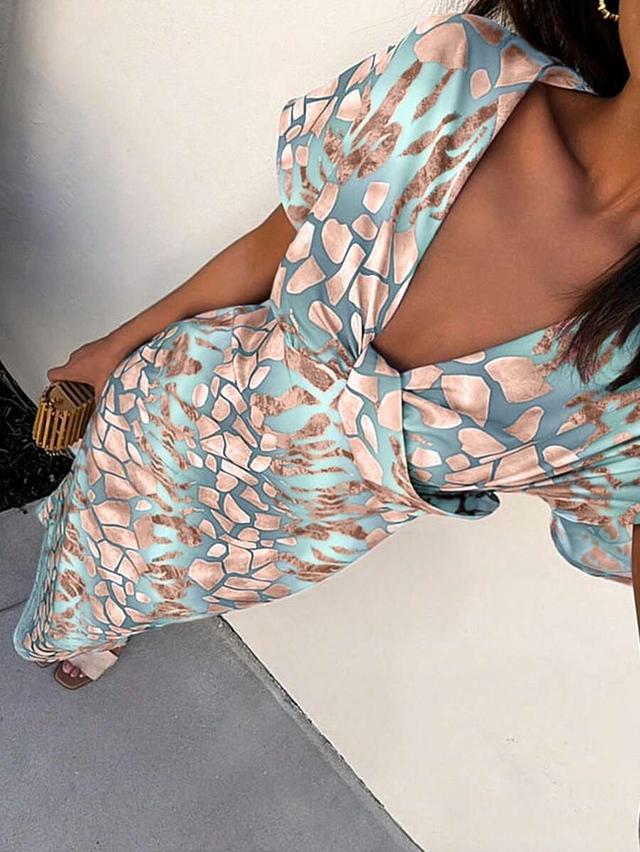 blue and copper abstract print wrap midi dress