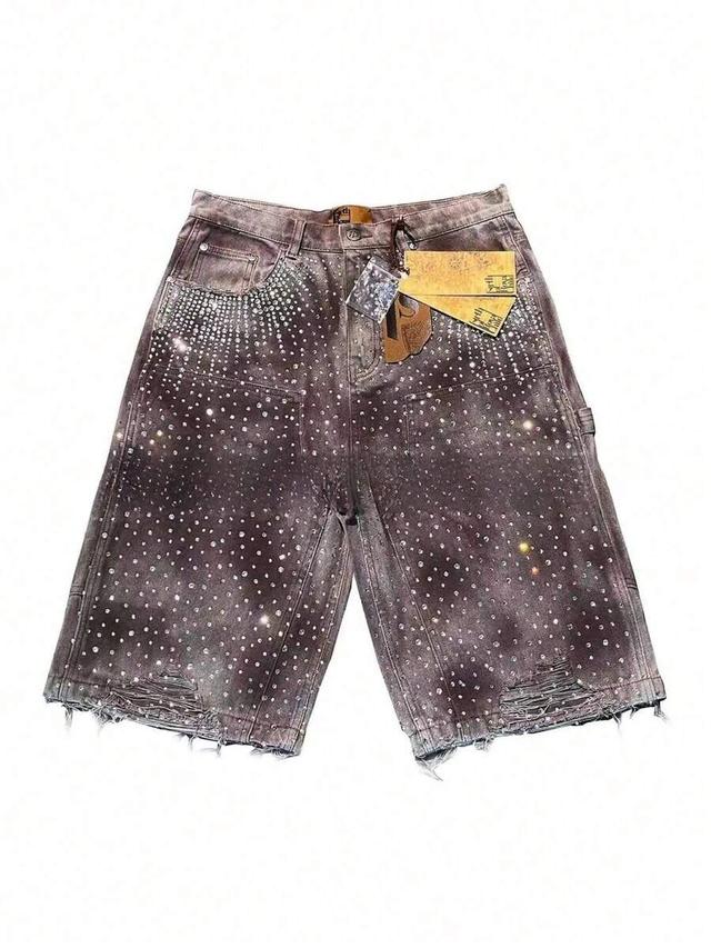 men's vintage washed denim shorts with rhinestone embellishment
