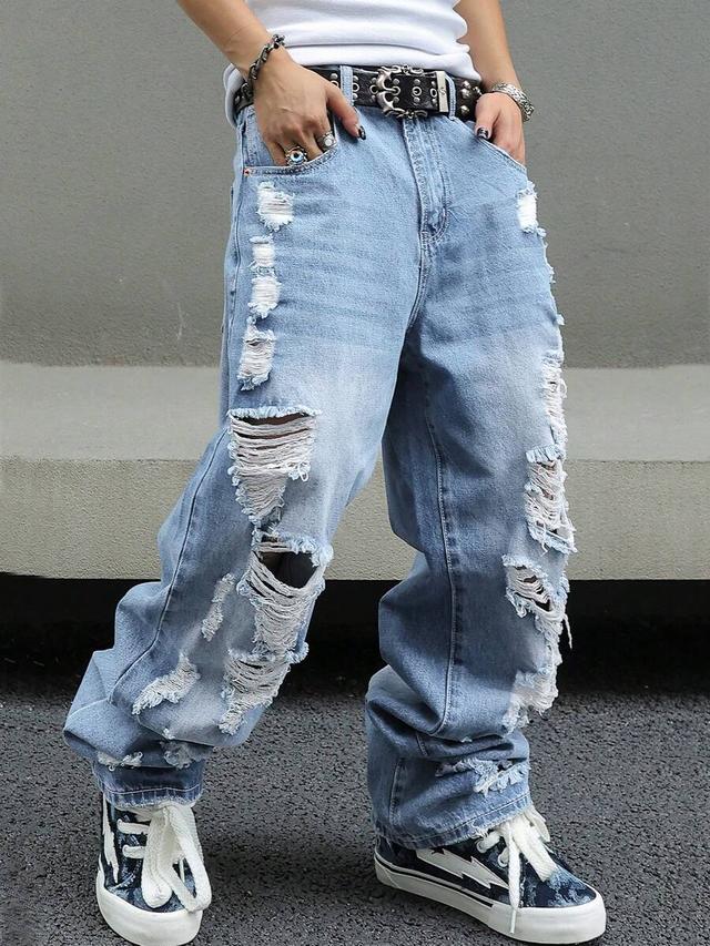 mens ripped baggy loose fit light wash denim jeans