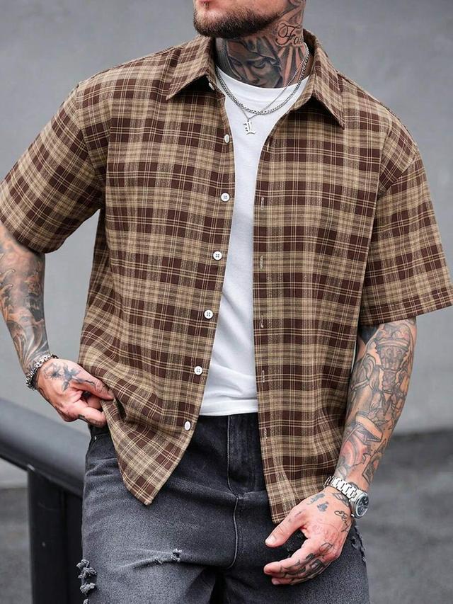 slatemann men's brown plaid short sleeve casual shirt