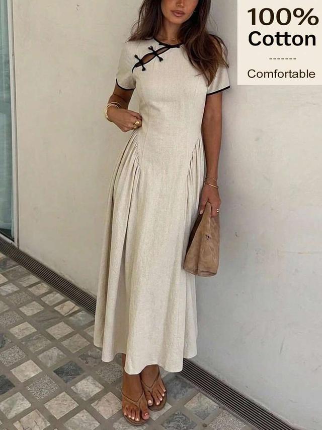 beige cotton pleated cheongsam dress with contrast trim
