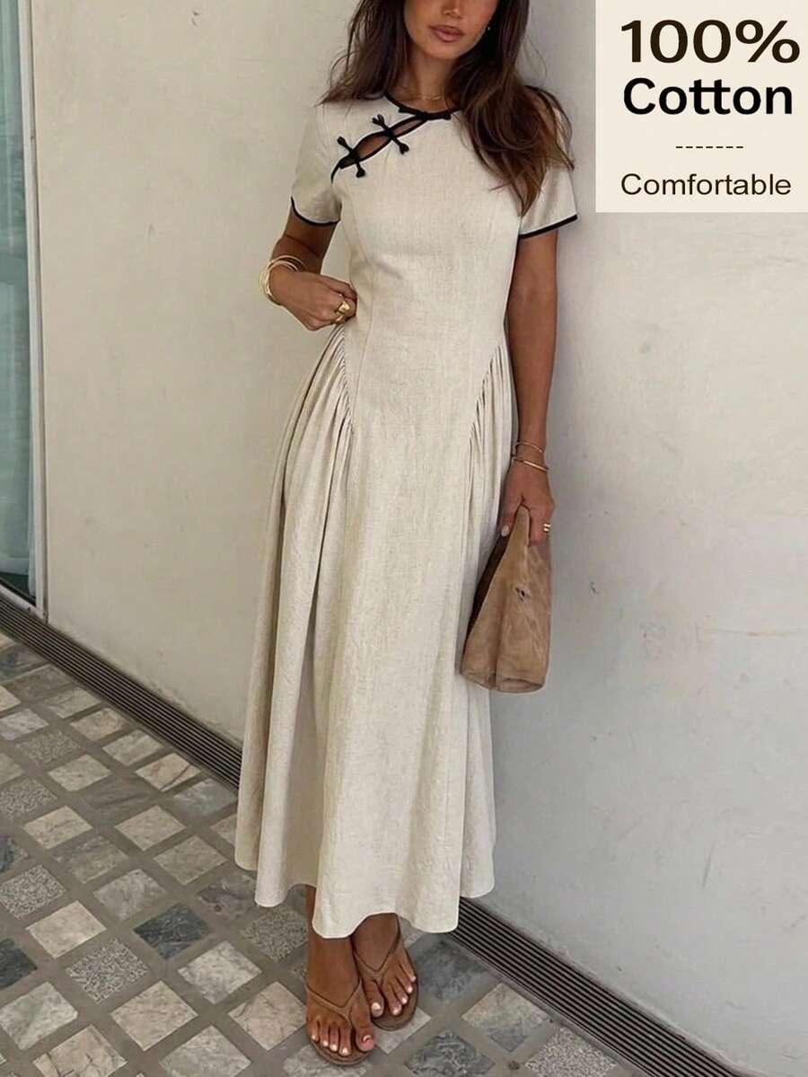 beige cotton pleated cheongsam dress with contrast trim