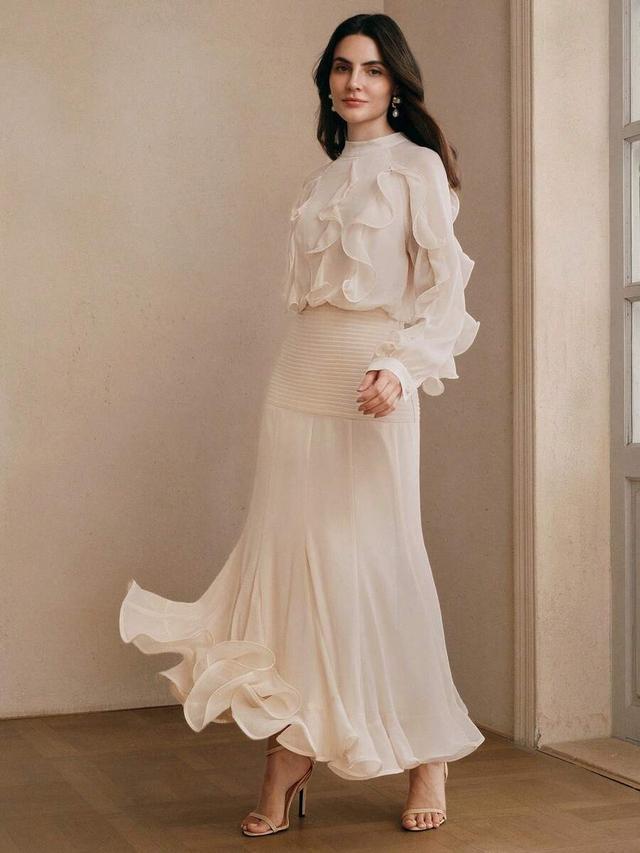 cream white chiffon ruffle trim long sleeve flared dress