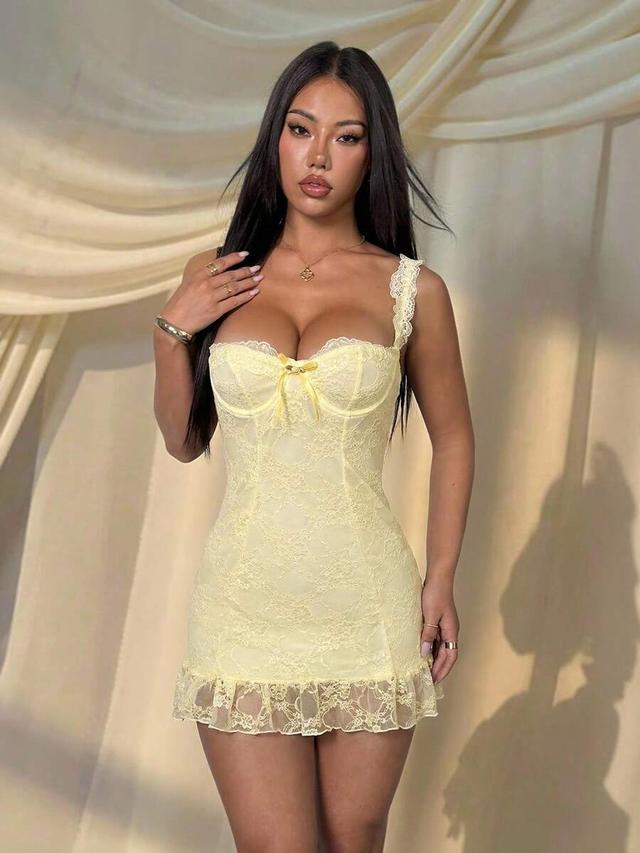 pale yellow floral lace corset mini dress