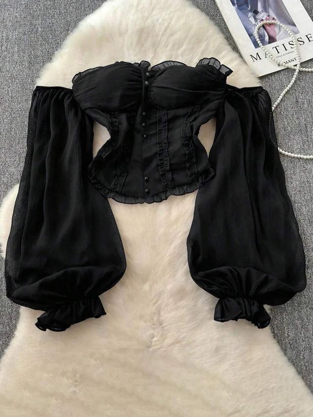 french retro black ruffle off-shoulder pearl button cropped top