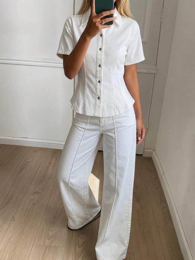 white denim collared cinched waist cardigan and trousers set