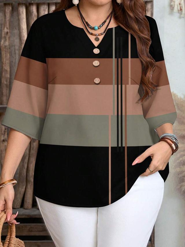 brown striped pattern half sleeve casual minimalist blouse