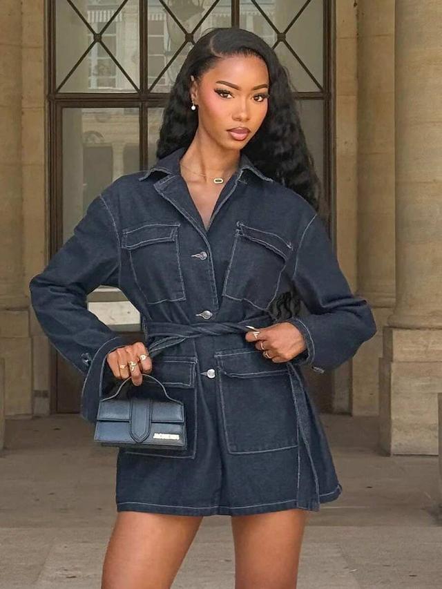 dark blue washed denim belted utility jacket