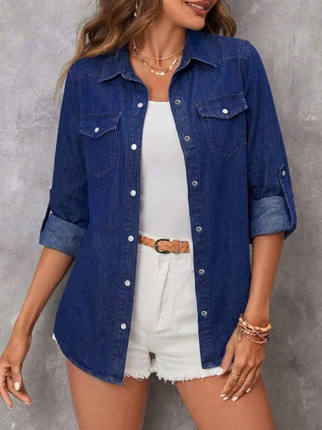navy blue denim button-up blouse with roll tab sleeves