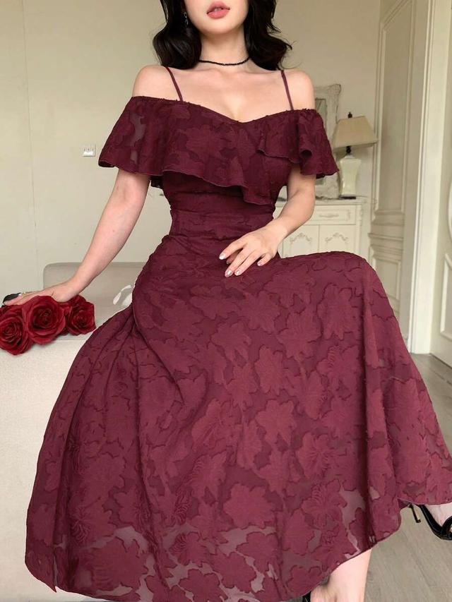 burgundy floral jacquard off-shoulder spaghetti strap midi dress
