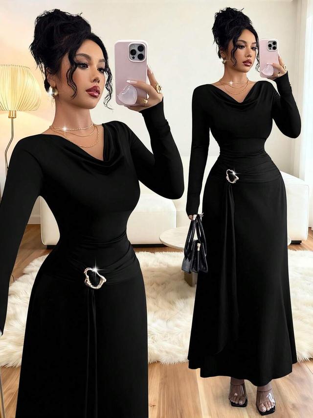 black plunging neckline long dress with metal waist detail