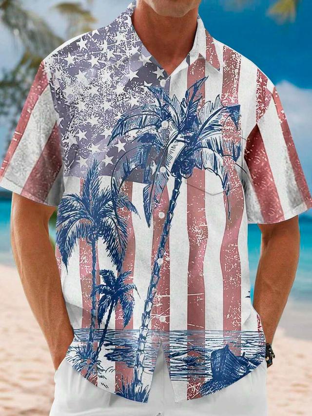 independence day flag and coconut tree print hawaiian shirt