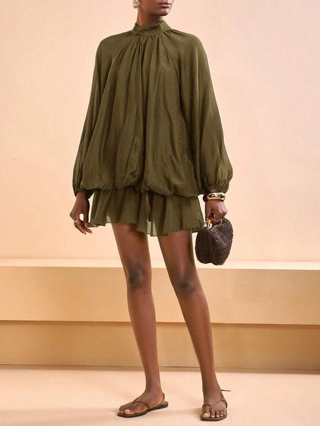 olive green pleated bud ruffle lantern sleeve mini dress