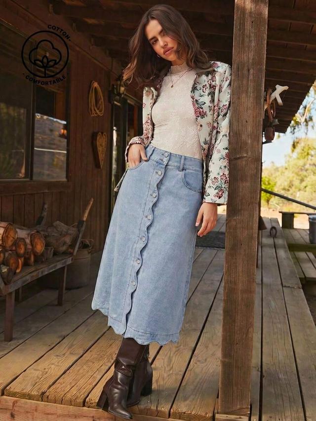 high waist scalloped button front denim midi skirt