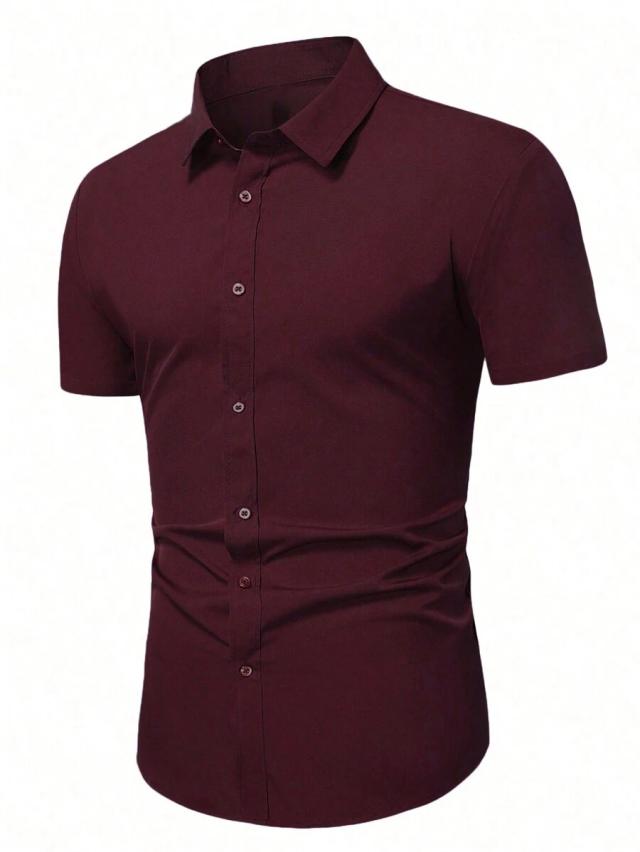 burgundy short sleeve button front casual formal shirt