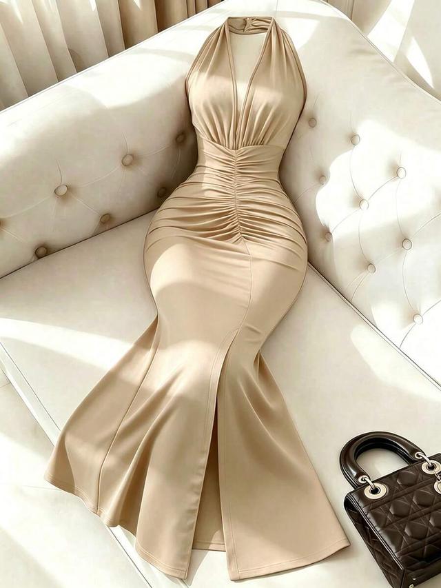 elegant fitted deep v-neck halter high slit dress