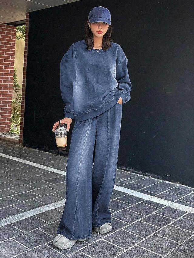 acid wash denim sweatshirt and matching wide-leg trousers