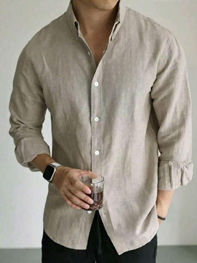 men's casual beige bamboo fiber button-up shirt