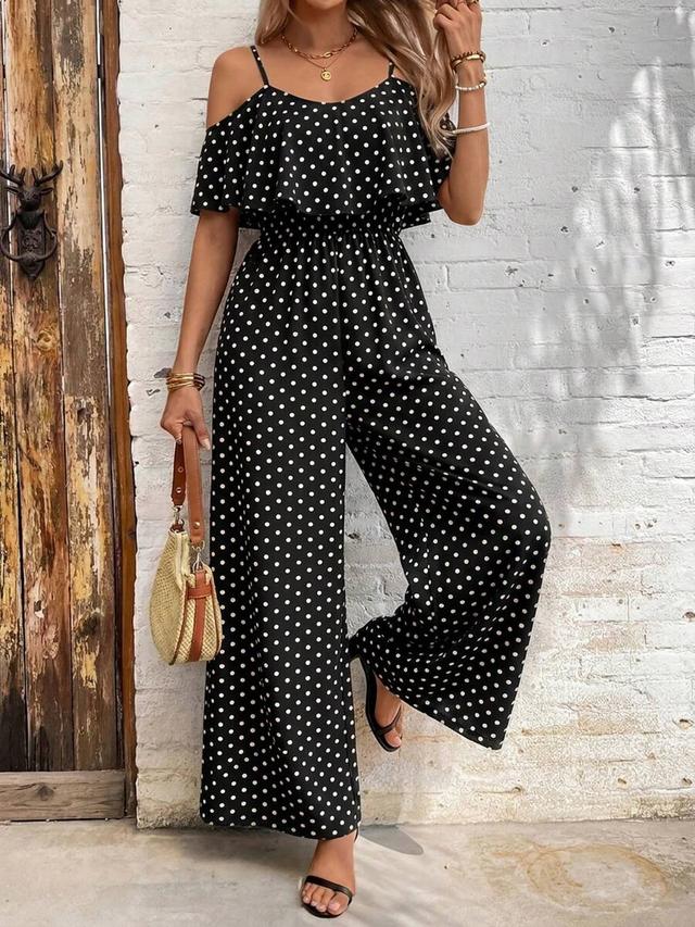 black and white polka dot off-shoulder spaghetti strap jumpsuit