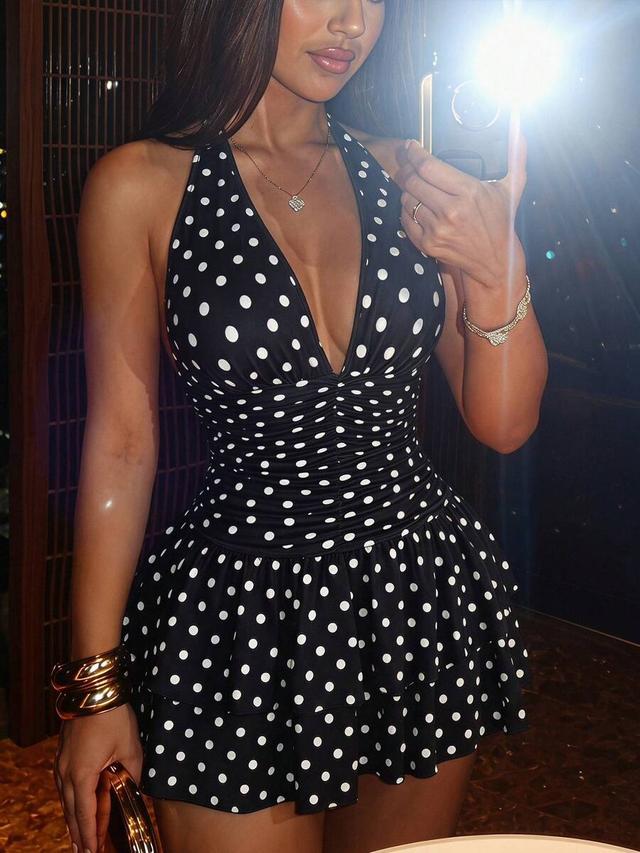 black and white polka dot halter ruffle dress