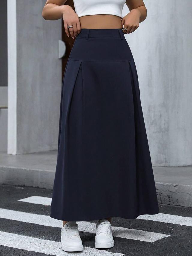 solid navy blue pleated midi skirt