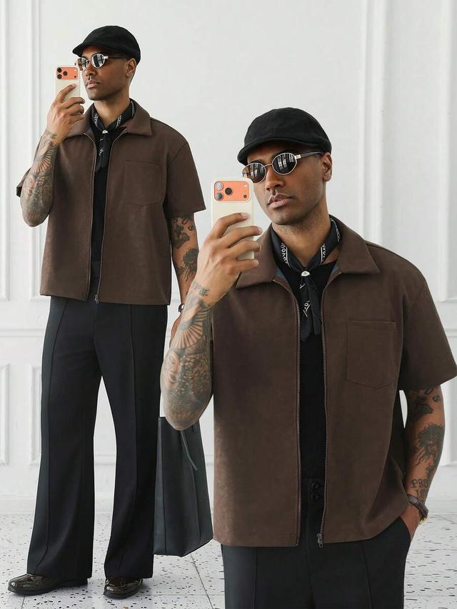 brown pu leather short sleeve zip up shirt