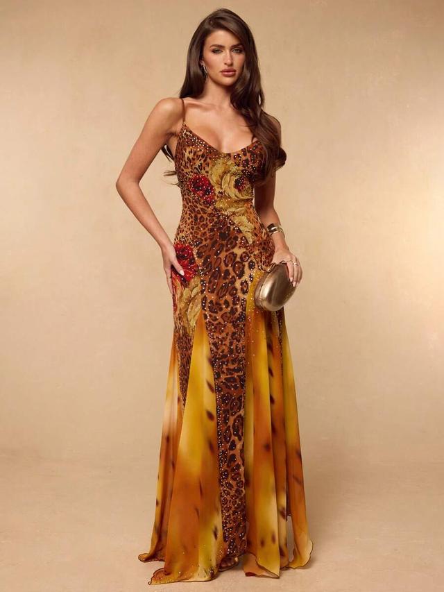 asymmetric ruffle hem leopard and floral print maxi dress