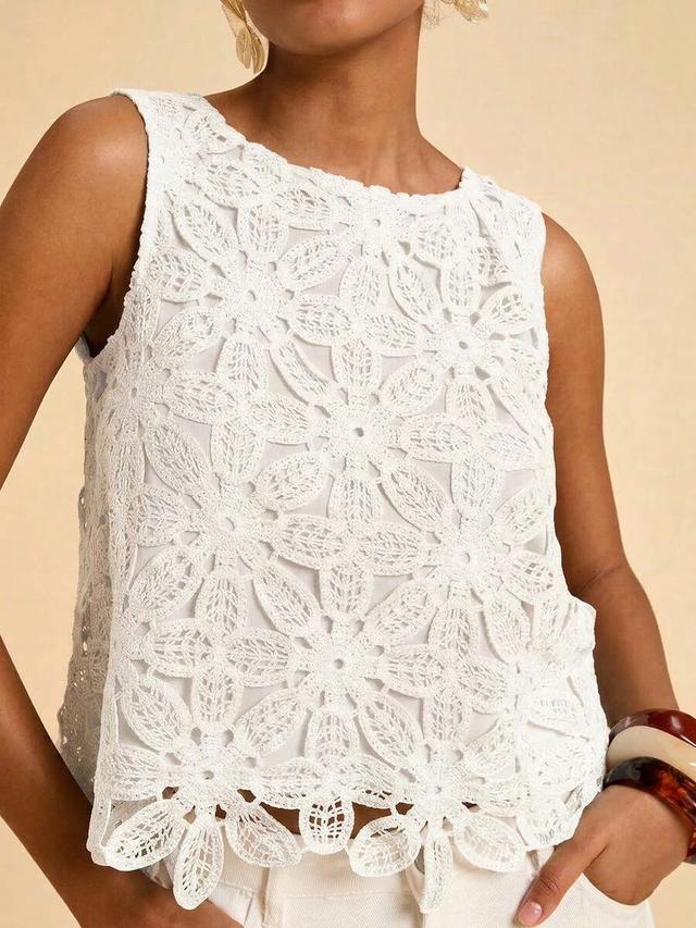 white floral lace sleeveless round neck summer top