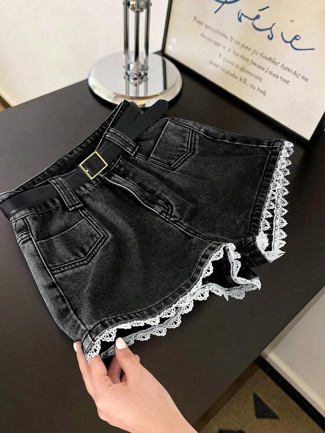 black denim shorts with white lace trim