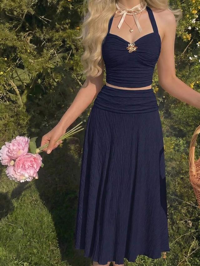 navy blue ruched halter top and midi skirt set