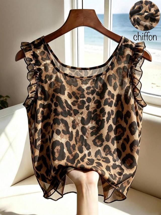 leopard print chiffon ruffle sleeve square neck top