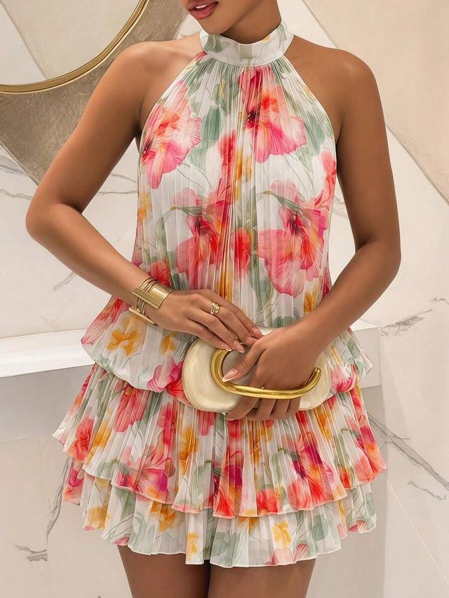 white floral pleated halter mini dress with ruffle hem