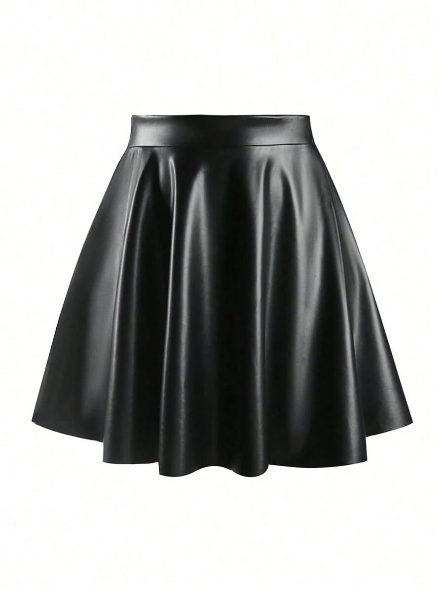 black faux leather high waist a-line skirt