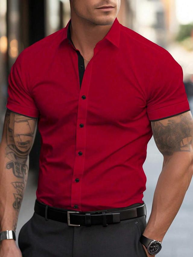 red short sleeve button-up formal shirt with contrast trim