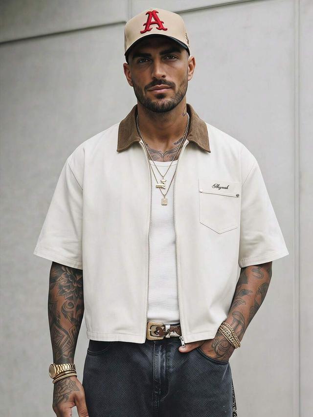 off-white cotton zip-up shirt with contrast collar