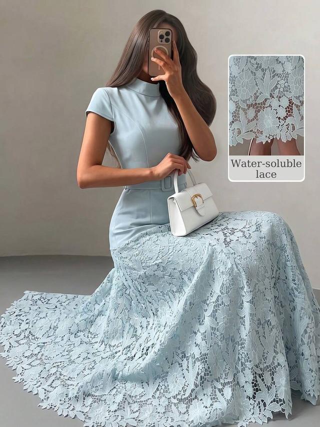 light blue woven short sleeve lace patchwork long dress