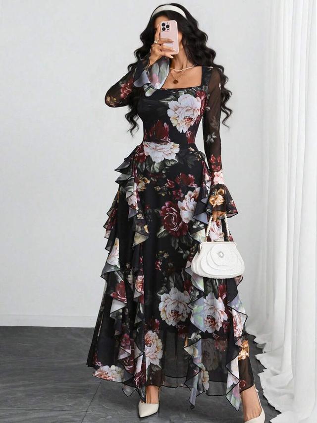 elegant floral printed double-layer ruffle long sleeve dress