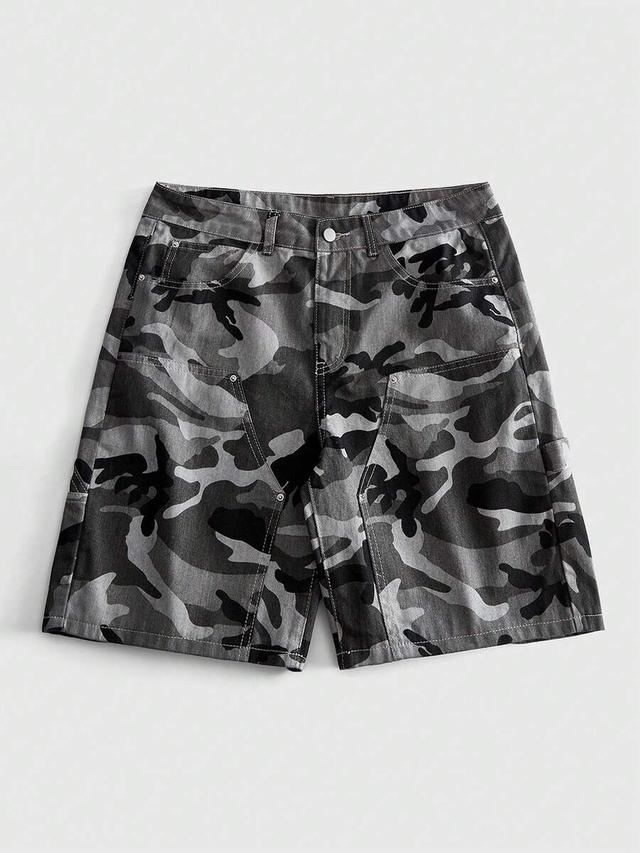 grey camouflage print denim cargo shorts