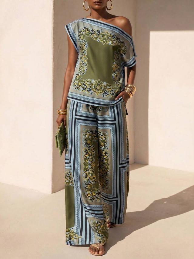 green floral print off-shoulder bohemian top