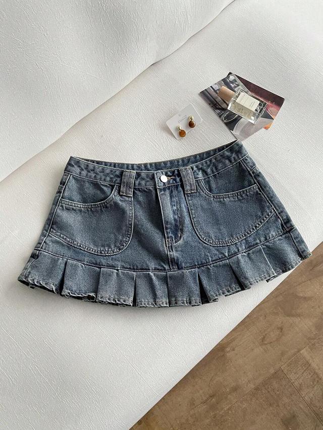 grey denim mini skirt with pleated hem
