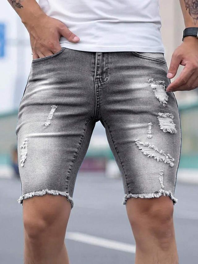 men's fashionable distressed frayed hem elastic denim capri pants