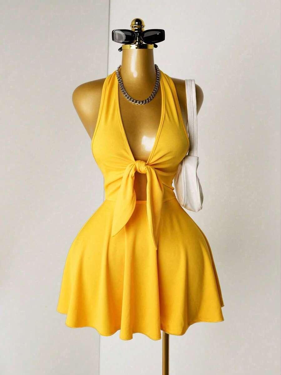 yellow halter neck tie front skater dress