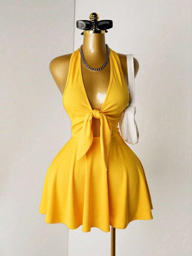 yellow halter neck tie front skater dress
