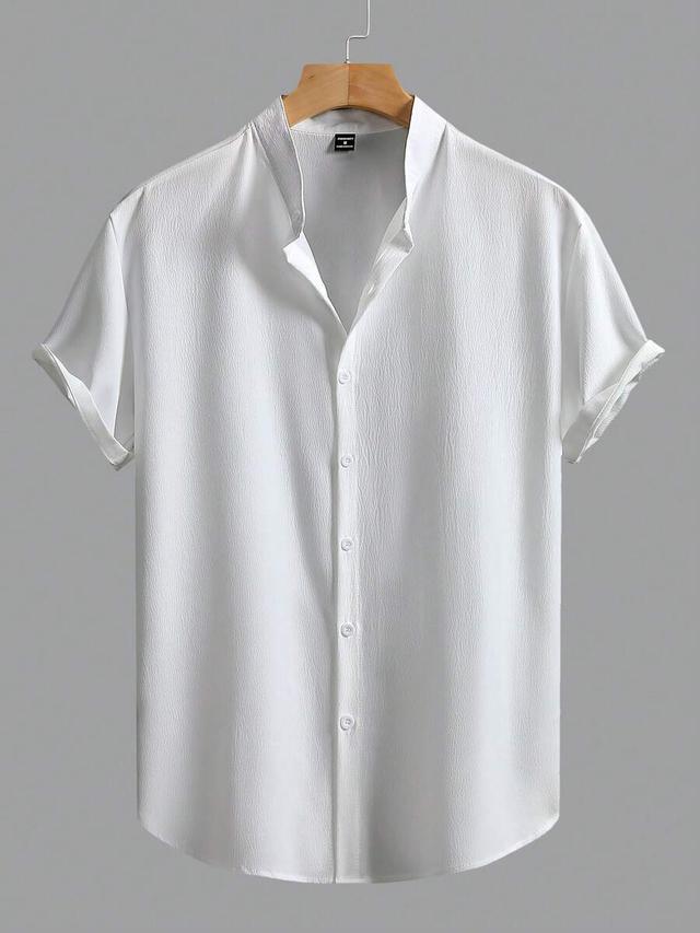 white solid color short sleeve mandarin collar shirt