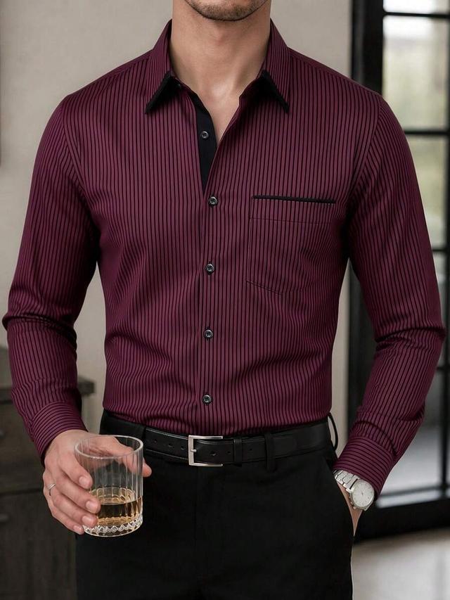 burgundy striped long sleeve business casual shirt